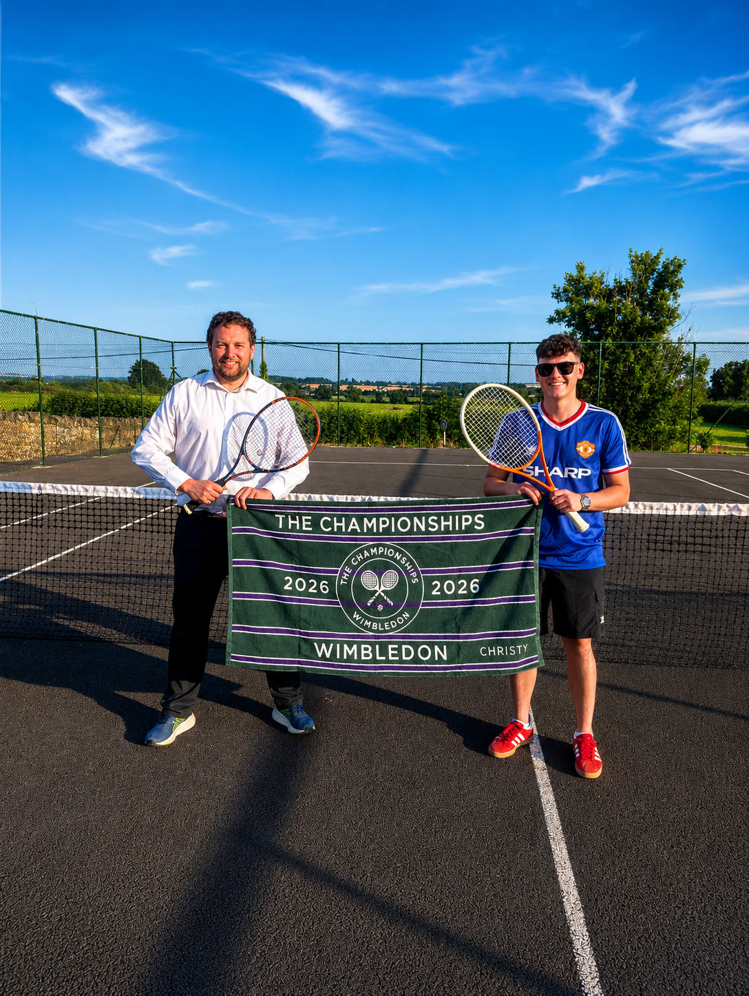 Members with a Wimbledon 2026 banner at the net